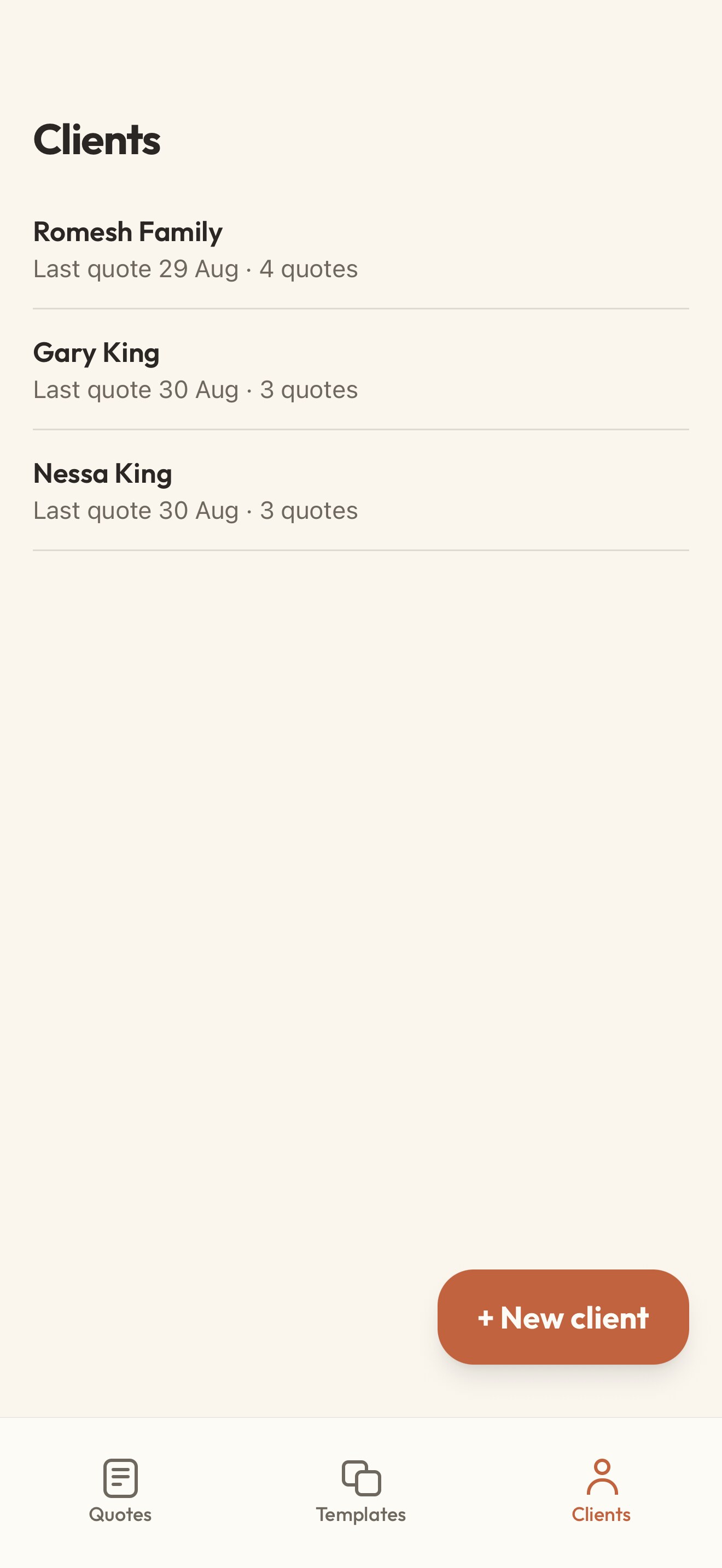 Costlane Clients screen listing Romesh Family, Gary King, and Nessa King, each with their last quote date and quote count
