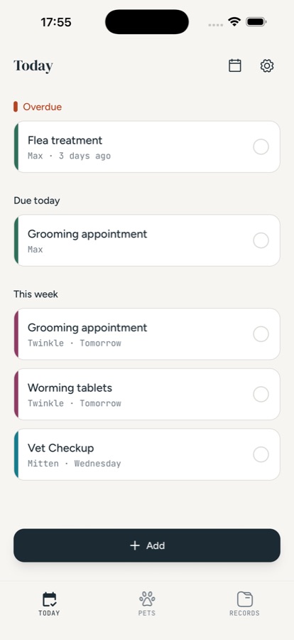 Pet HQ Today screen showing an overdue flea treatment for Max, a grooming appointment due today, and three items due this week