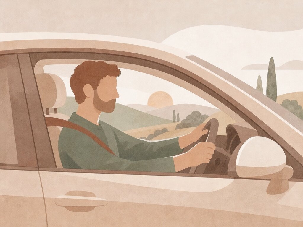 Illustration of a person calmly gripping a steering wheel, representing Settle's driving anxiety guide